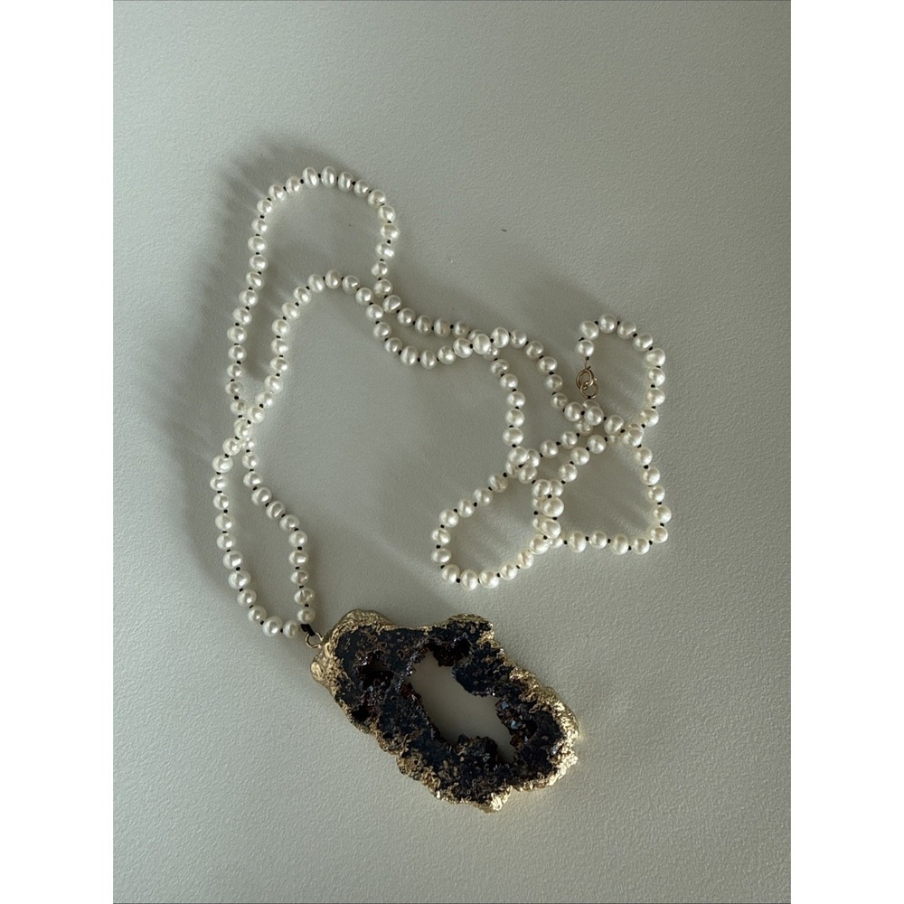 Blue Geode Quartz Golden Edge Pendant 38" Pearl Beads Necklace